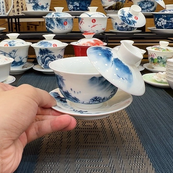 手绘水乡悬停盖碗釉下彩微瑕福利