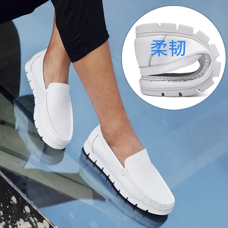 真皮豆豆鞋白色医生鞋男护士工作鞋平底驾车司机鞋男士懒人小皮鞋