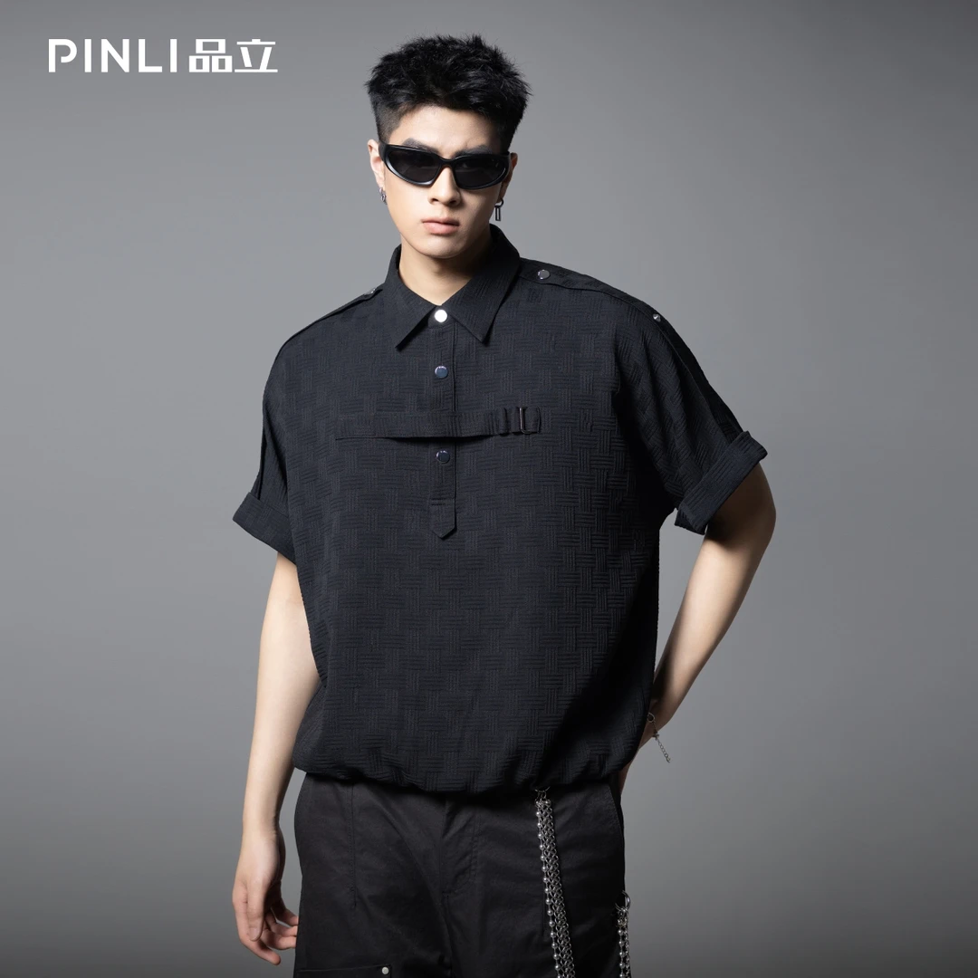 PINLI品立夏季肌理感翻领短袖T恤复古宽松休闲男上衣B252111031