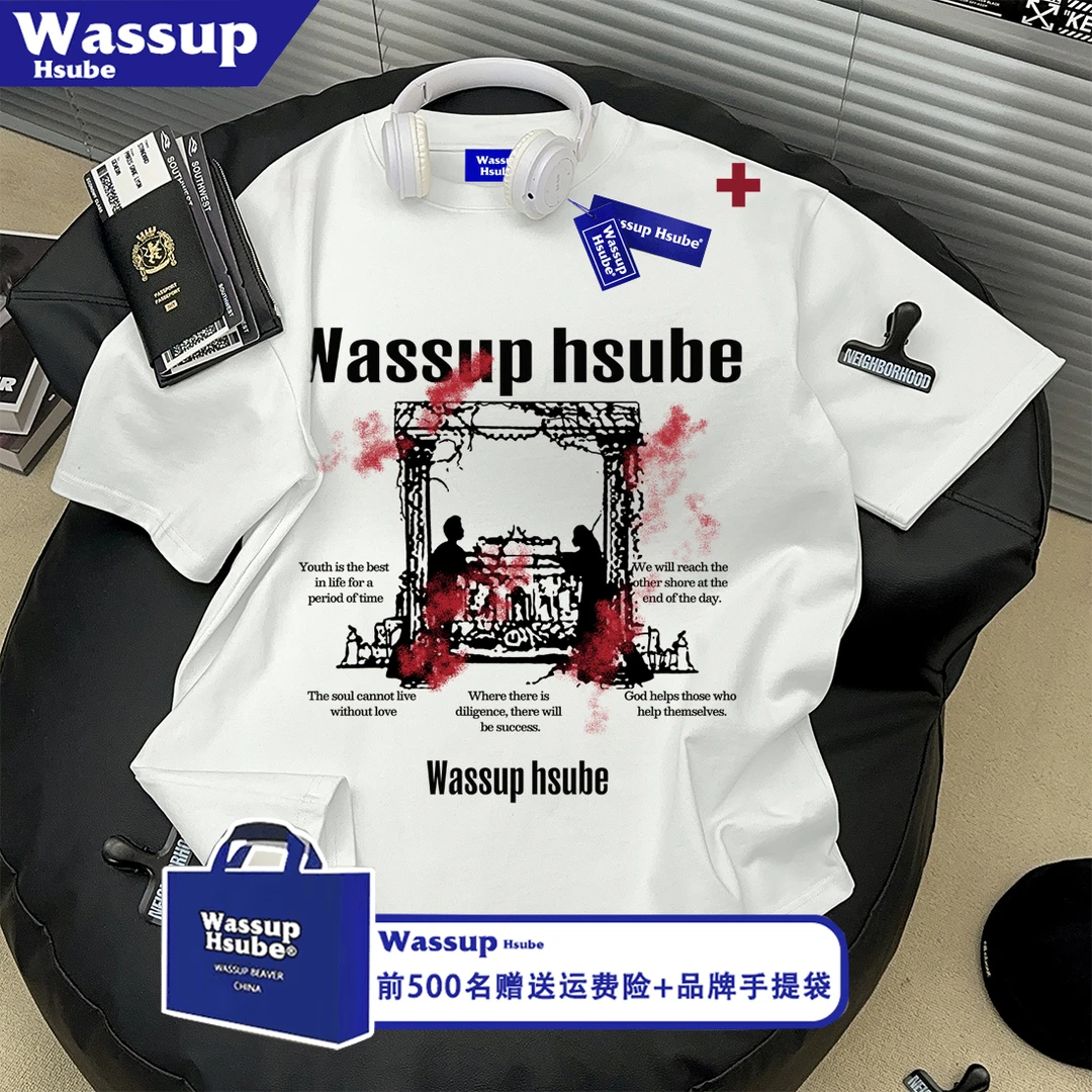 WASSUP HSUBE美式复古人像字母印花纯棉短袖T恤男ins潮牌百搭上衣