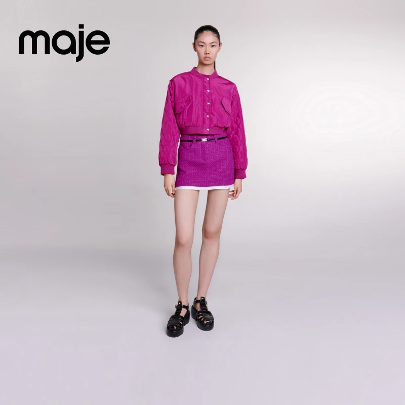 暖系穿搭|Maje秋冬玫红色运动短款棒球服棉服夹克外套MFPBL00715