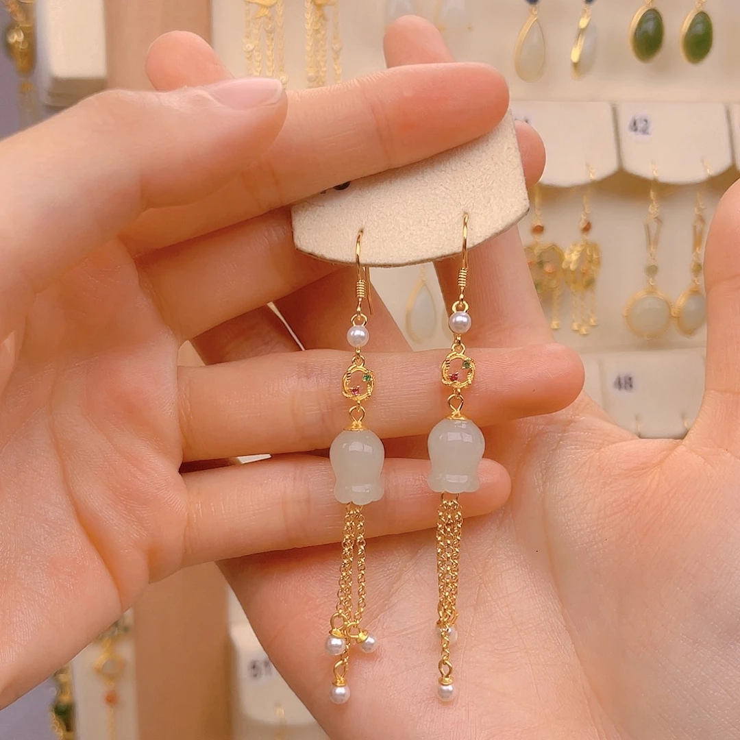 和田玉耳饰银S925镀金镶嵌