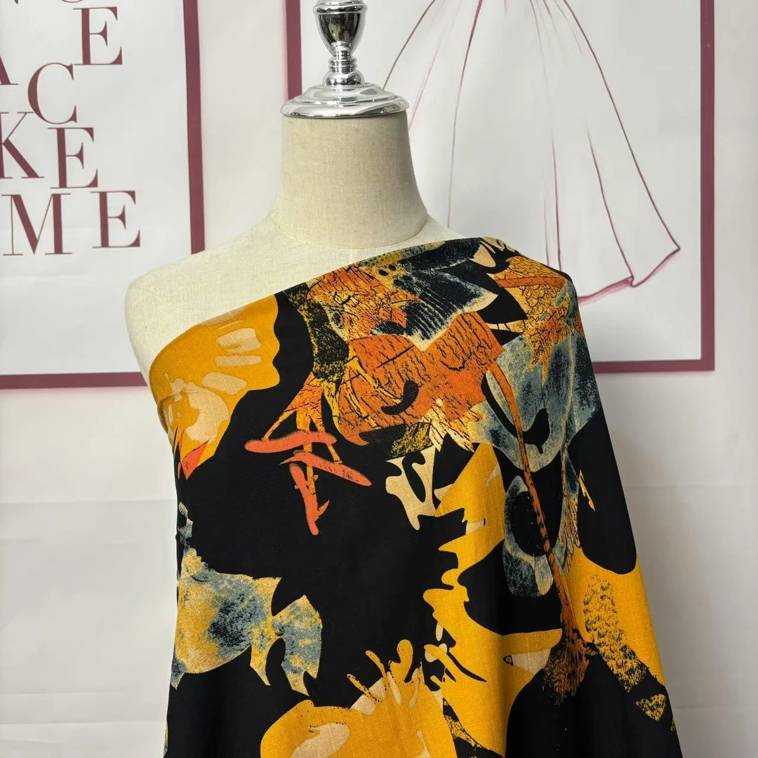 竹节亚麻 100绵绸抽象艺术风数码印花