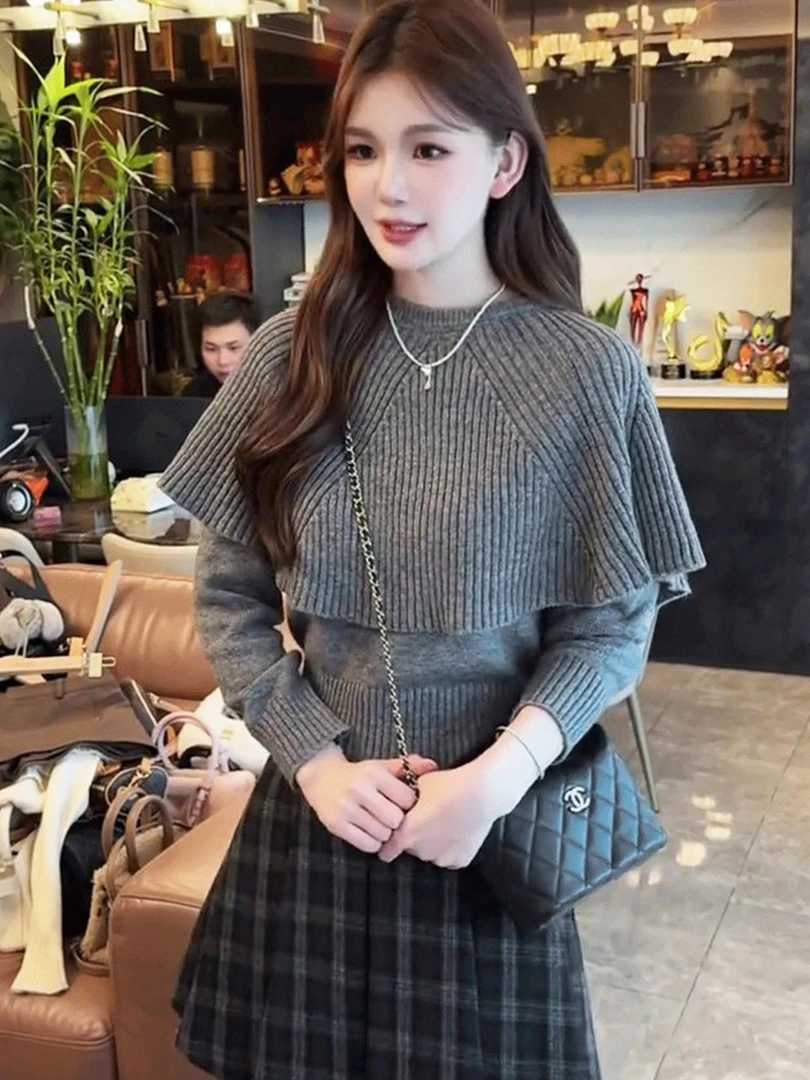 2025新款毛衣独特漂亮上衣韩系温柔风斗篷假两件针织衫女H9-61