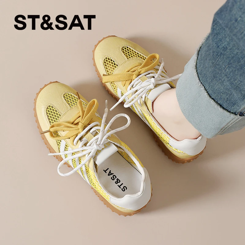 星期六黄色网面透气德训鞋女2025秋季新款多巴胺双系带休闲阿甘鞋