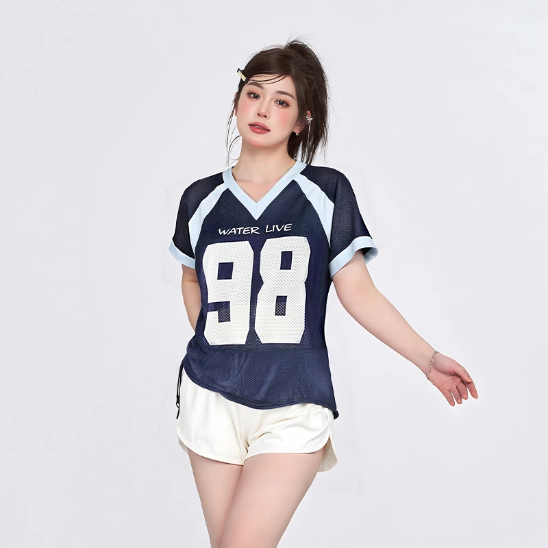 Agliondy【浪花律动】休闲印花字母宽松套装街头风翻领透气连体泳衣