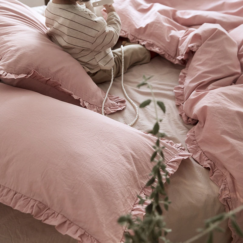 日式褶皱花边全棉床上四件套纯棉公主风被套床笠款学生宿舍三件套