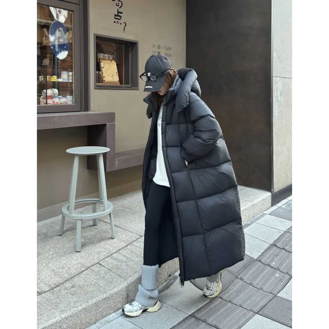 云朵零压泡芙连帽羽绒服女2025冬季新款过膝长款90白鸭绒加厚外套