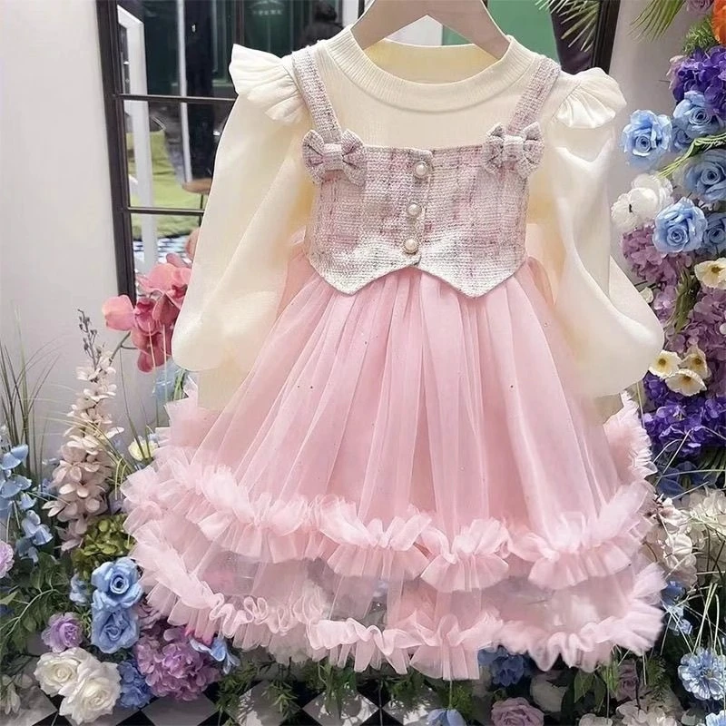 2025年秋季女童连衣裙假两件甜美蝴蝶结小香风凸凸裙蓬蓬表演礼服