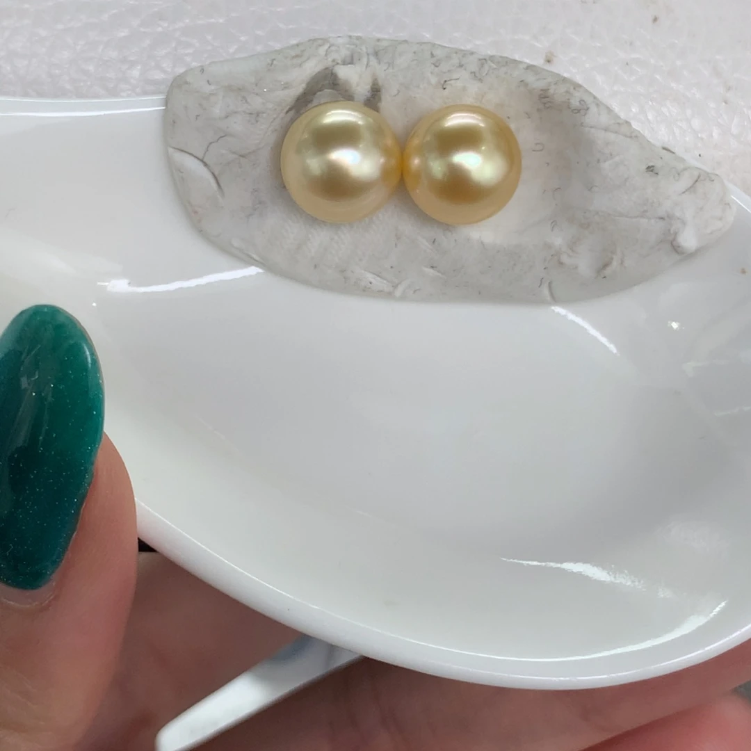 定制海水珍珠裸珠未镶嵌9-10mm金珠裸珠两颗