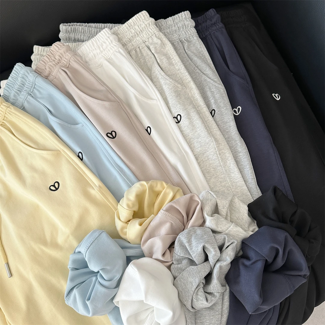 束脚裤拼接加绒夏季薄款外穿夏装刺绣时尚休闲裤爱心夏季韩版卫裤