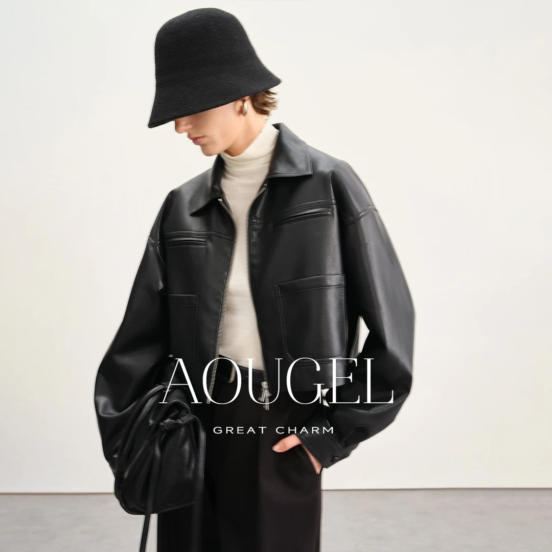 AOUGEL 环保蛋白皮柔软短款皮夹克女秋季新款多口袋廓形工装外套