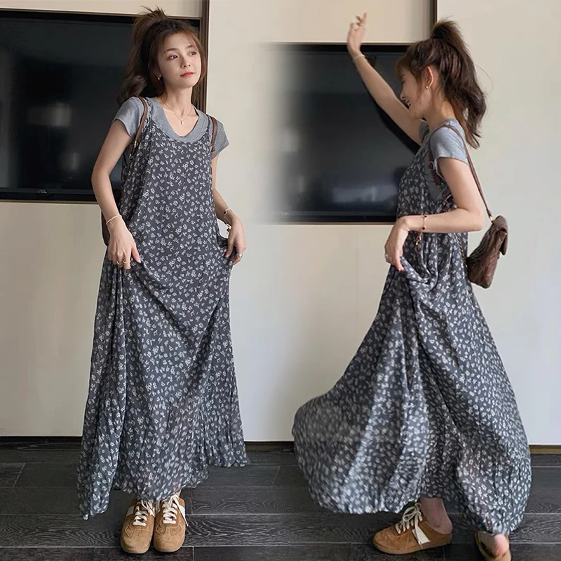 橙子家-学院风碎花吊带连衣裙夏季新款设计感孕妇宽松两件套裙子