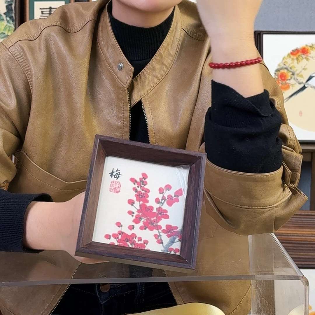 国画纯手绘，纯手写带框尺寸：12×12厘米