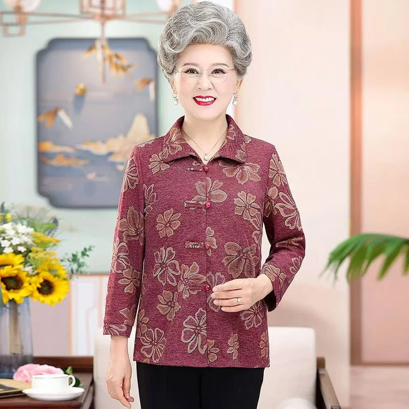 B77奶奶春秋衬衫女装老年人秋装新款开衫长袖薄款外套70岁80