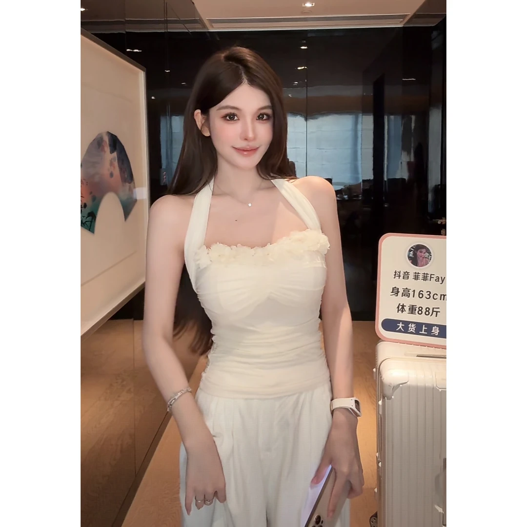 FAY【午后花园】千金风少女风性感露背挂脖吊带花朵夏季女款背心