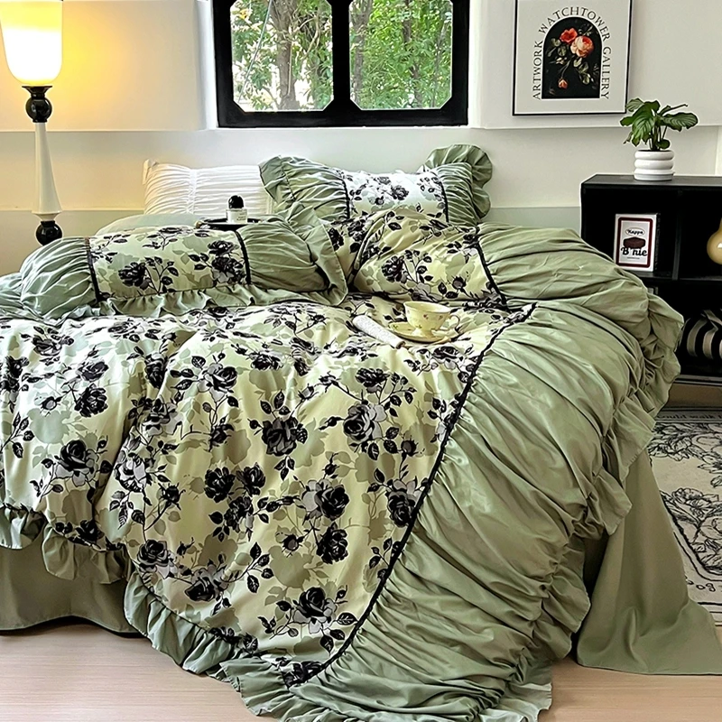 法式亲肤磨毛家用床上用品四件套高级感大花边学生被套床单三件套