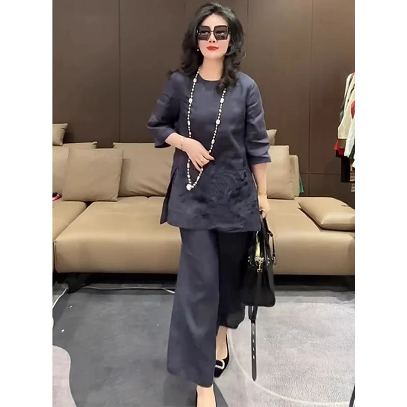 欧货2025夏季新款高级感显瘦中长款T恤高腰裤子纯色棉麻刺绣套装