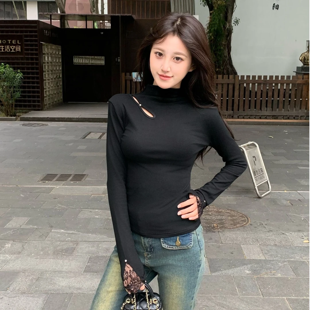 设计感半高领蕾丝钉珠【加绒保暖】长袖女时尚显瘦百搭打底内搭上衣