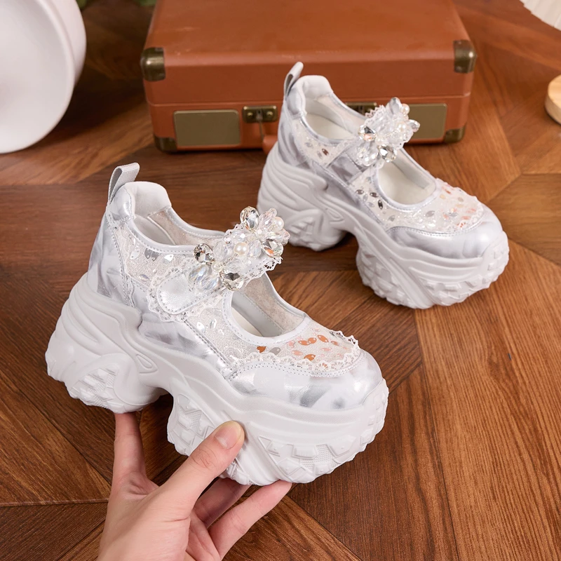 9cm厚底玛丽珍鞋女夏2025新款魔术贴花朵水钻透气网鞋内增高女鞋