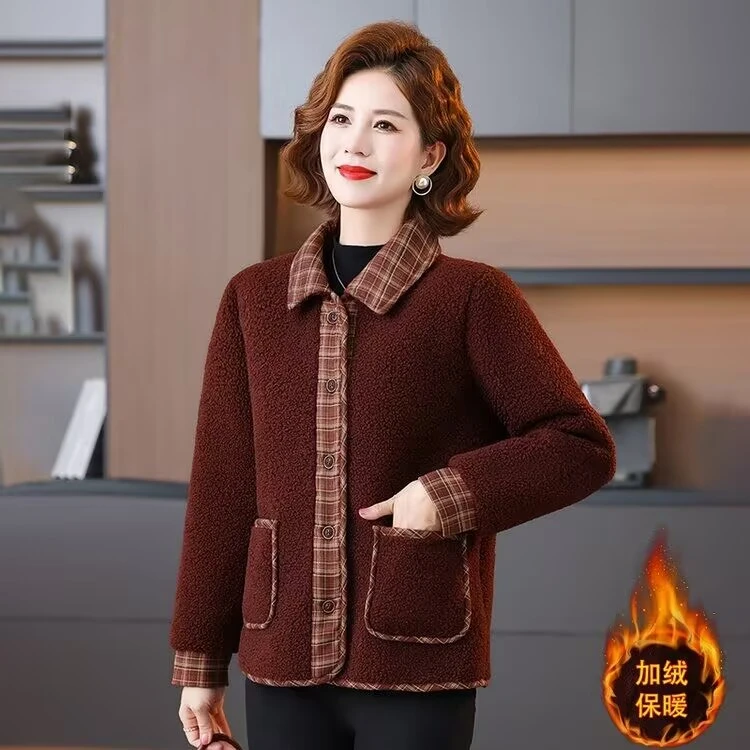 中老年女装秋冬颗粒绒外套新款加绒加厚妈妈棉衣时尚百搭舒适上衣