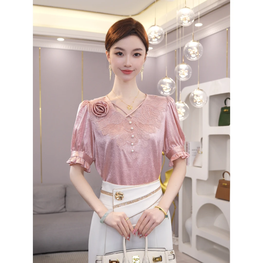唐熹2025年夏季新款【QQ-1045】小众气质高级感粉色短袖衬衫上衣女