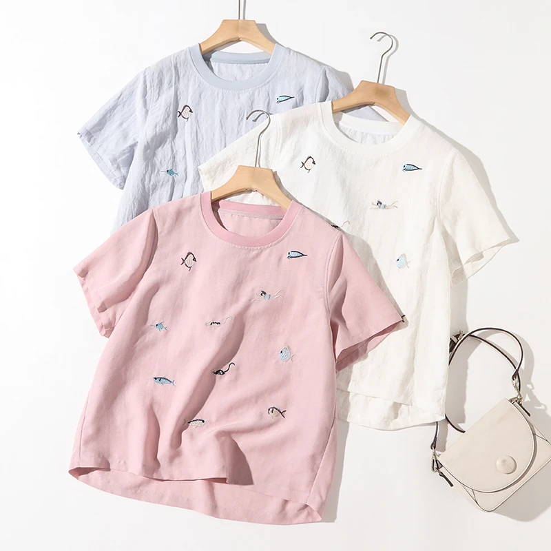 自由夏日！新款亚麻刺绣短袖卫衣松弛感凉爽舒适透气显瘦T恤女7231