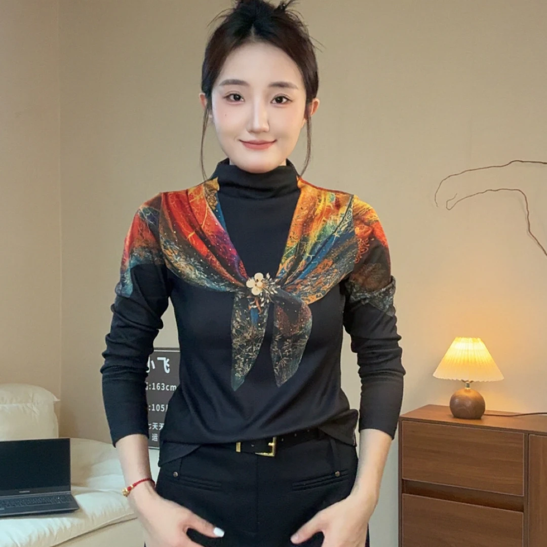 秋季新款半高领立体印花长袖百搭洋气时尚显瘦修身打底衫女秋冬