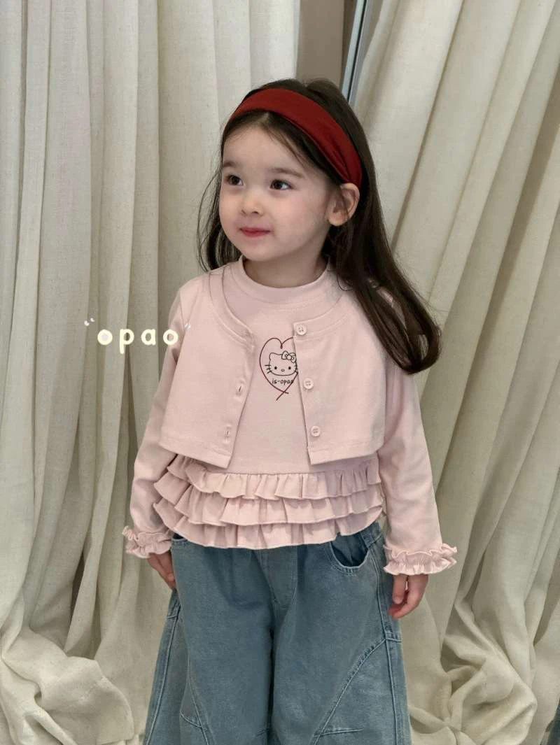 Opao女童洋气韩版假两件打底衫T恤春秋木耳花边Kitty印花上衣