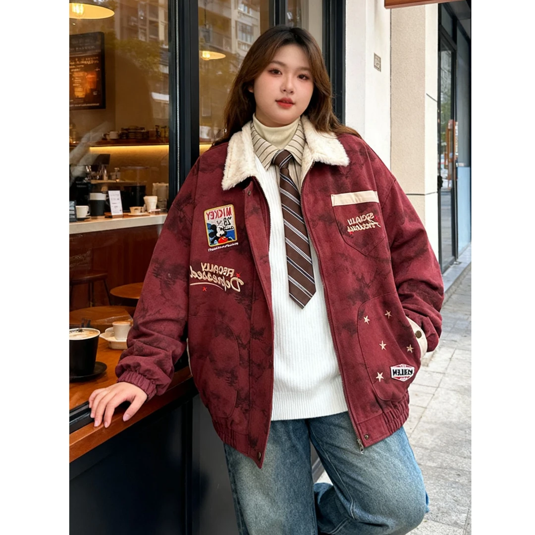 秋冬大码胖mm美式复古风加绒加厚翻领外套女宽松保暖棉服工装夹克