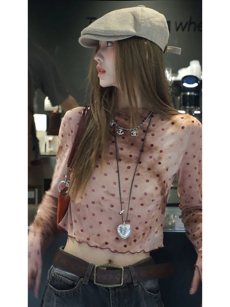 【波点网纱T】夏季新款小众设计薄款波点长袖T恤 ZZT25313