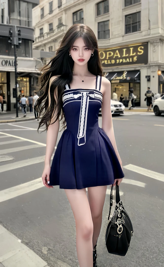 2025夏季新款藏青色方领收腰吊带连衣裙女小众设计时尚显瘦高级感