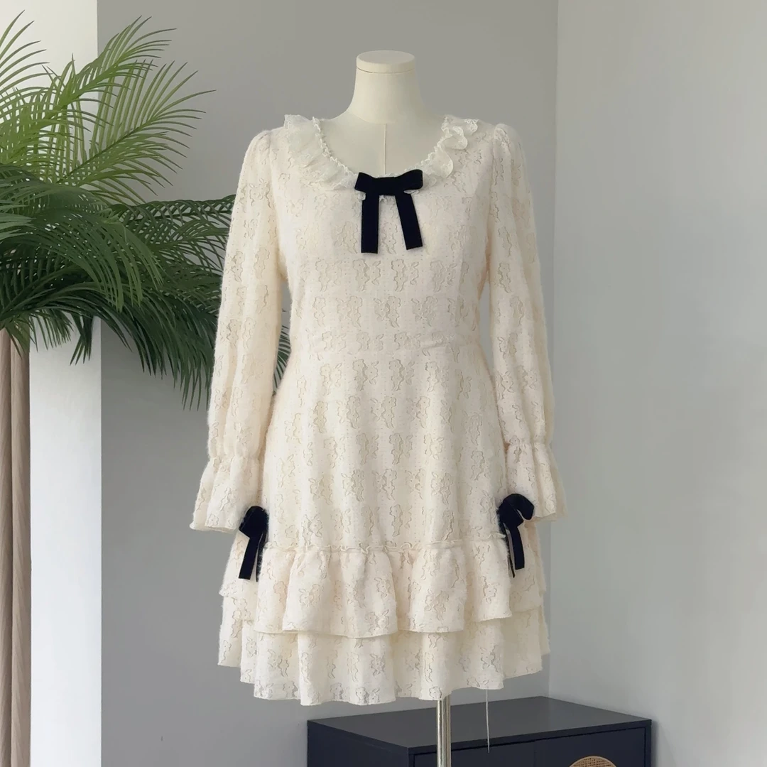 云朵芭蕾｜大码胖mm法式甜美蝴蝶结蕾丝连衣裙女秋冬温柔掐腰裙