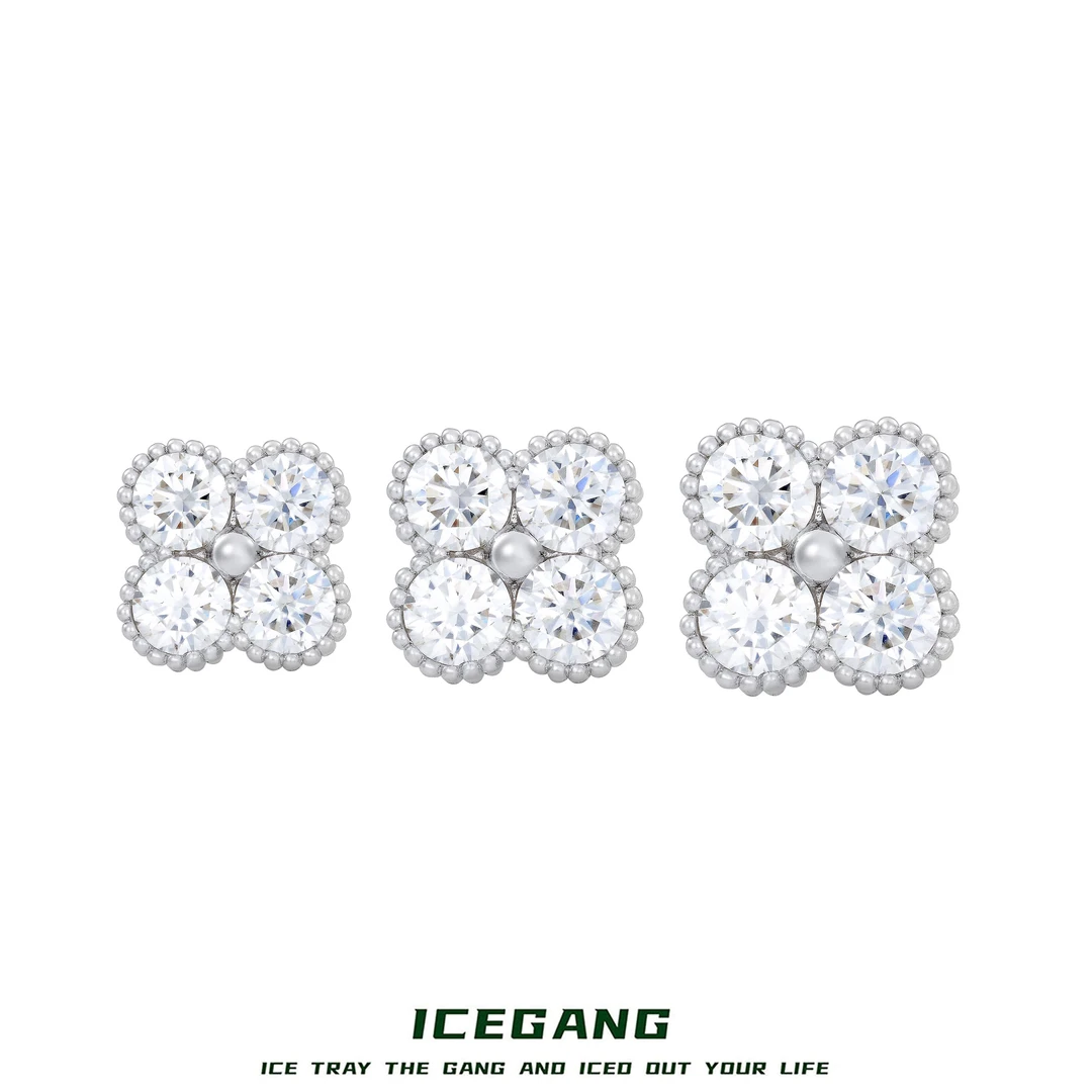 ICEGANG 925银莫桑石耳饰 四叶草圆珠莫桑石耳钉S925通体纯银重工
