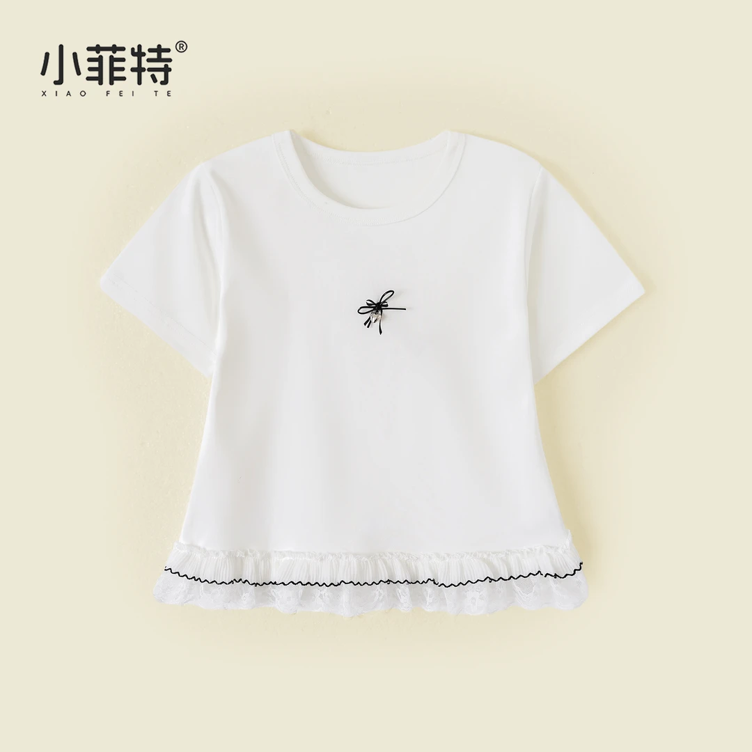 小菲特夏季新款女童蝴蝶结白色t恤韩版女宝儿童薄款短袖HLYX50614