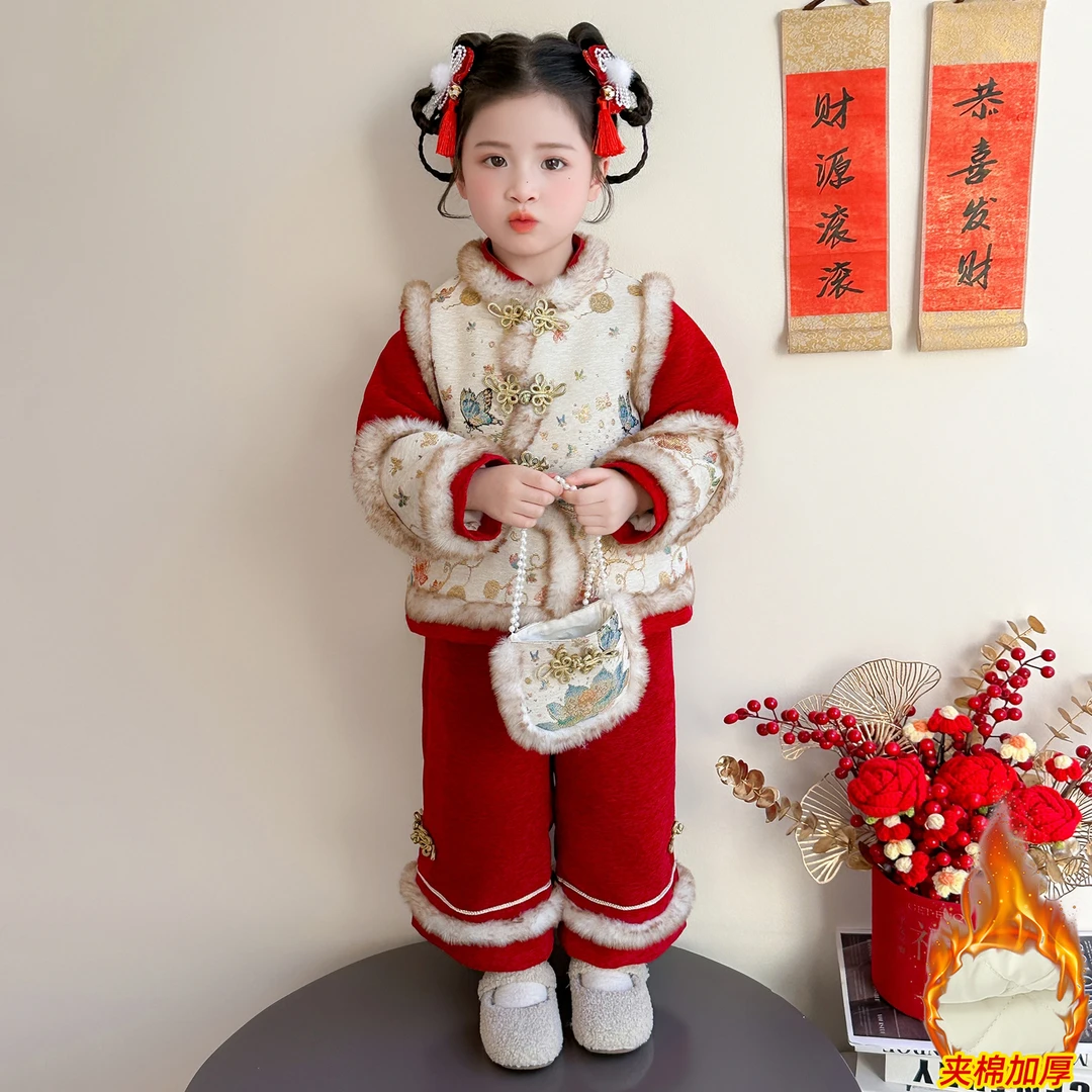 女童拜年服2025冬季新款中国风加绒洋气舒适国风花开富贵年服套装