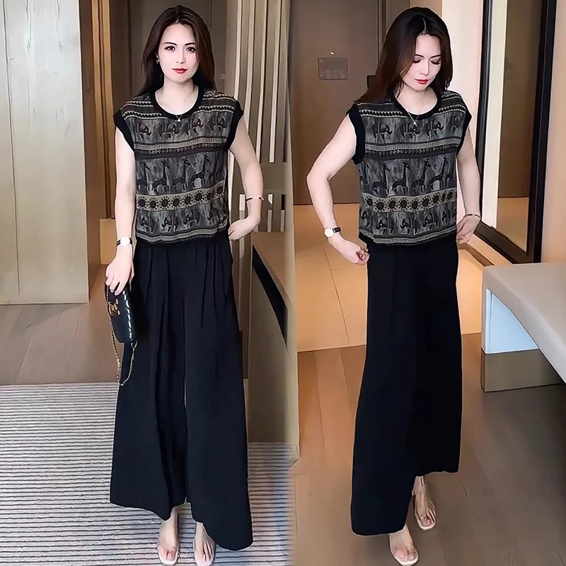 时尚套装女2025夏季新款时髦洋气印花上衣显瘦阔腿裤气质两件套潮