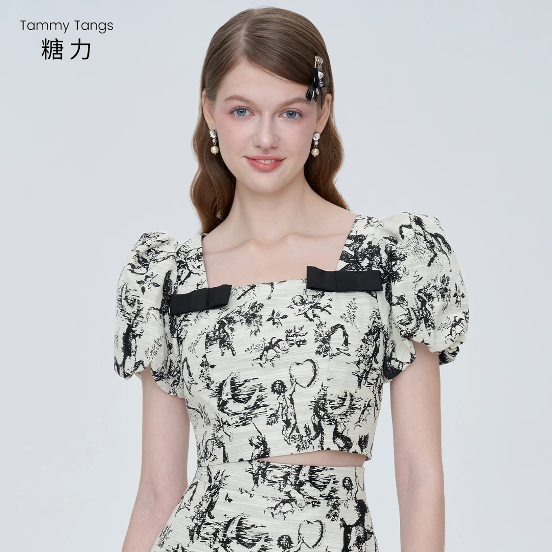 【官号专属】糖力国风水墨印花泡泡短袖方领短款显瘦上衣夏季