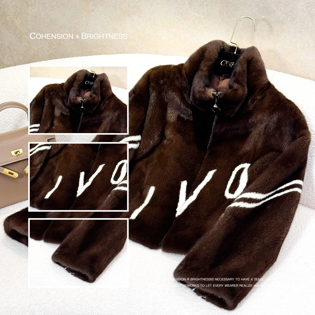 凝慧【焦糖奶霜】进口水貂轻奢高领拉链短款拼色休闲毛毛外套YA162