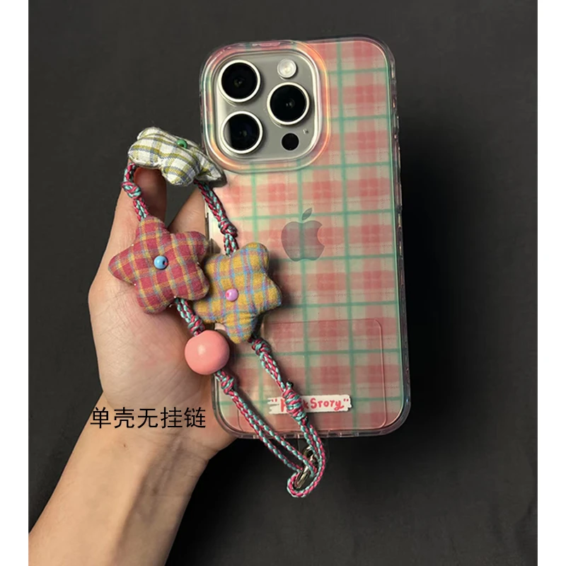 小清新粉绿格纹适用苹果iPhone16手机壳15promax大孔高透14透明
