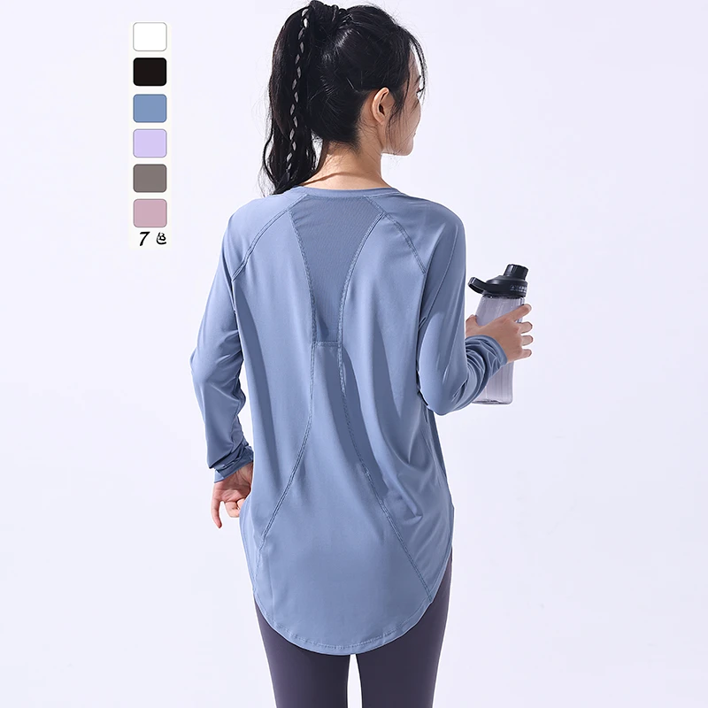 宽松速干运动T恤女长袖遮臀美背健身衣健身服跑步瑜伽服上衣大码
