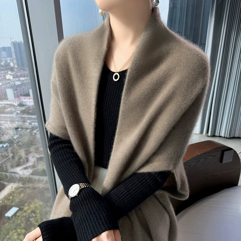 宽松气质纯羊毛针织大披肩女式保暖开衫纯色加厚2024秋冬新款上衣