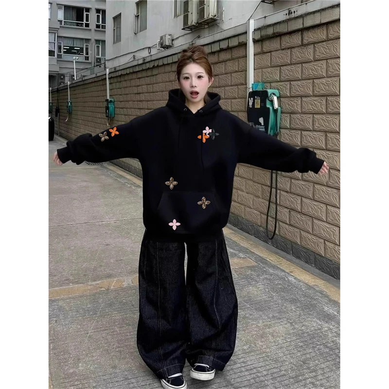 美式高街连帽卫衣女2025秋冬加绒加厚胖mm宽松大码设计感外套潮