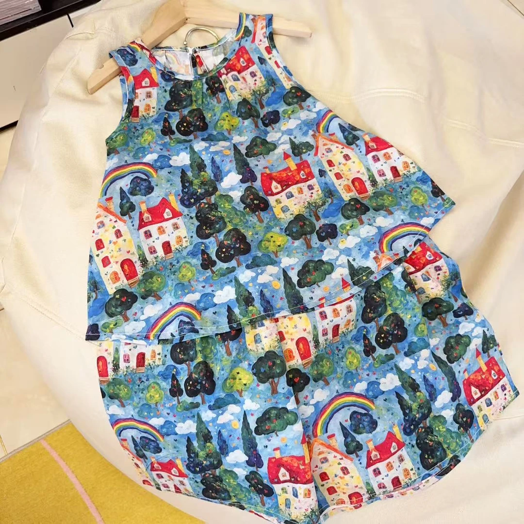 T2025年棉绸潮童半身裙七分裙裤套装女童家居服外穿套装