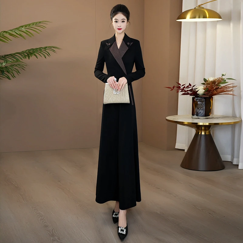 秋季高端大气简约连衣裙2025新款爆款遮肉修身大摆长袖长裙201