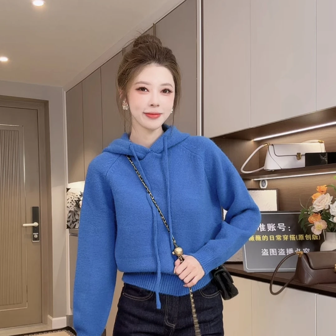 A295连帽系带纯色短款毛衣上衣女101ZQA295