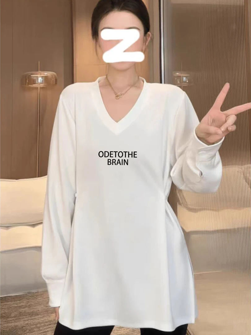 中长款2025秋冬V领长袖T恤白色上衣打底衫遮屁股拼接内搭打底衫潮