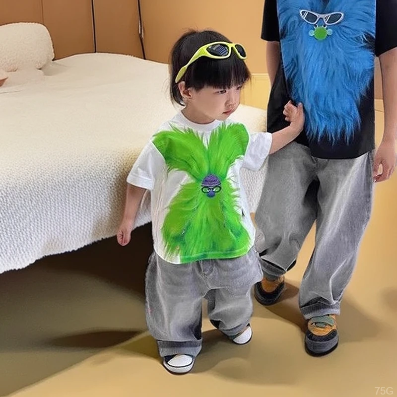 韩版儿童2025夏季新款绿色毛绒怪物印花短袖T恤男女童卡通上衣潮