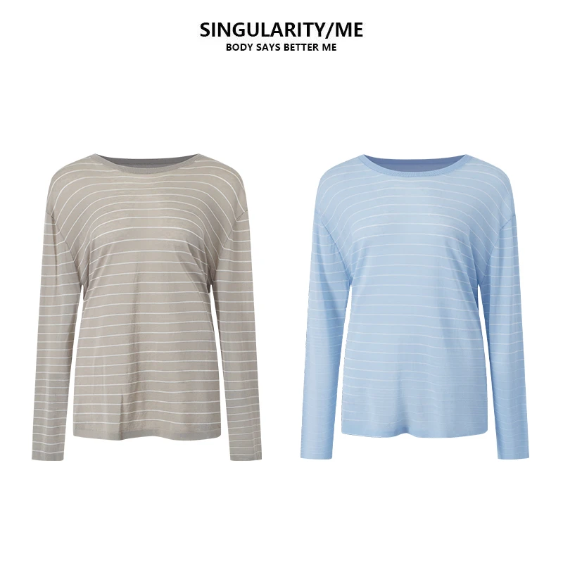 Singularity Me 6A 25427 条纹醋酸圆领长袖显瘦百搭女打底衫上衣