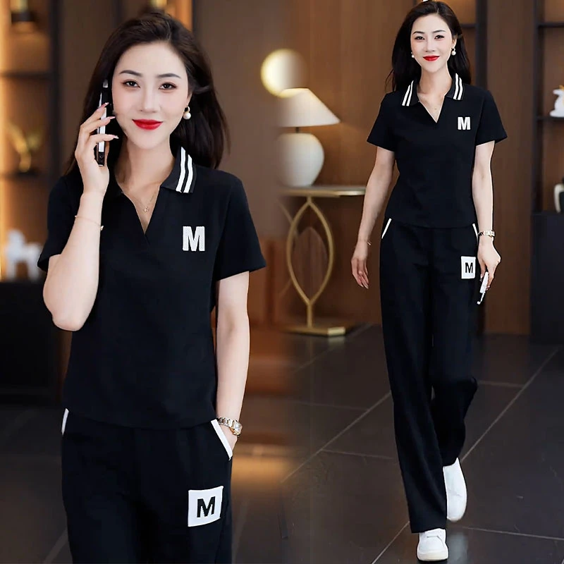 高含棉休闲气质简约运动套装女2025短袖T恤宽松直筒长裤两件套